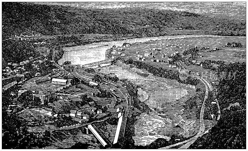 Antique illustration of USA, Vermont landmarks and companies: Bellows Falls, Connecticut River